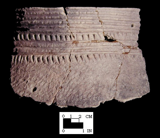 Sullivan Cove mended incised rim sherds (2 of 2) from a Cedar Point shell heap in Anne Arundel County, Maryland - SI Cat. #402922 - Courtesy of the Smithsonian Institution, Museum of Natural History, Department of Anthropology.
